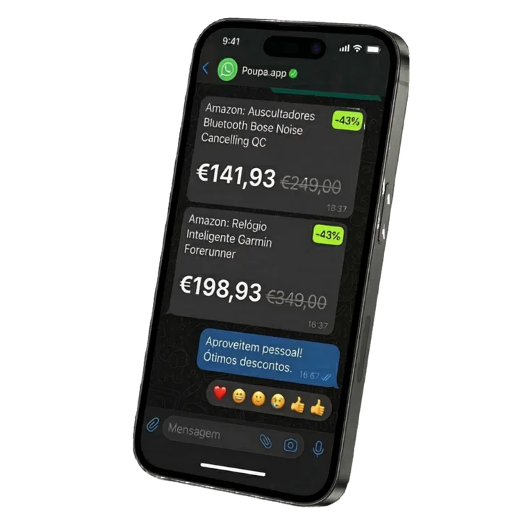 Screenshot do WhatsApp com alertas de descontos do Poupa.app